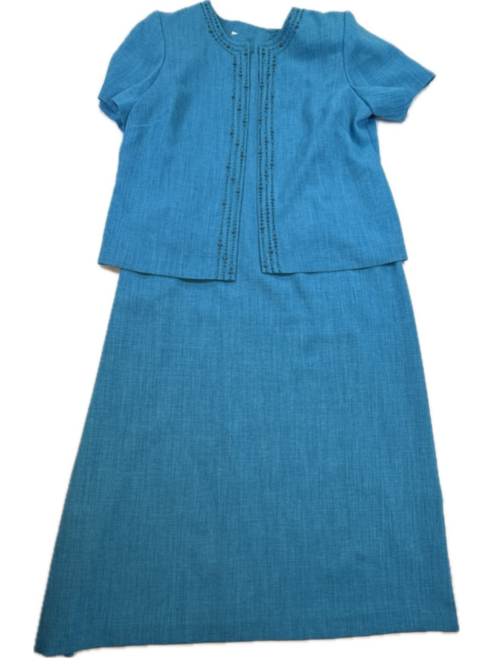 Sag Harbor Dress Woman Turquoise Two Piece Skirt Suit Set Size 14W Beaded Jacket - Picture 2 of 15